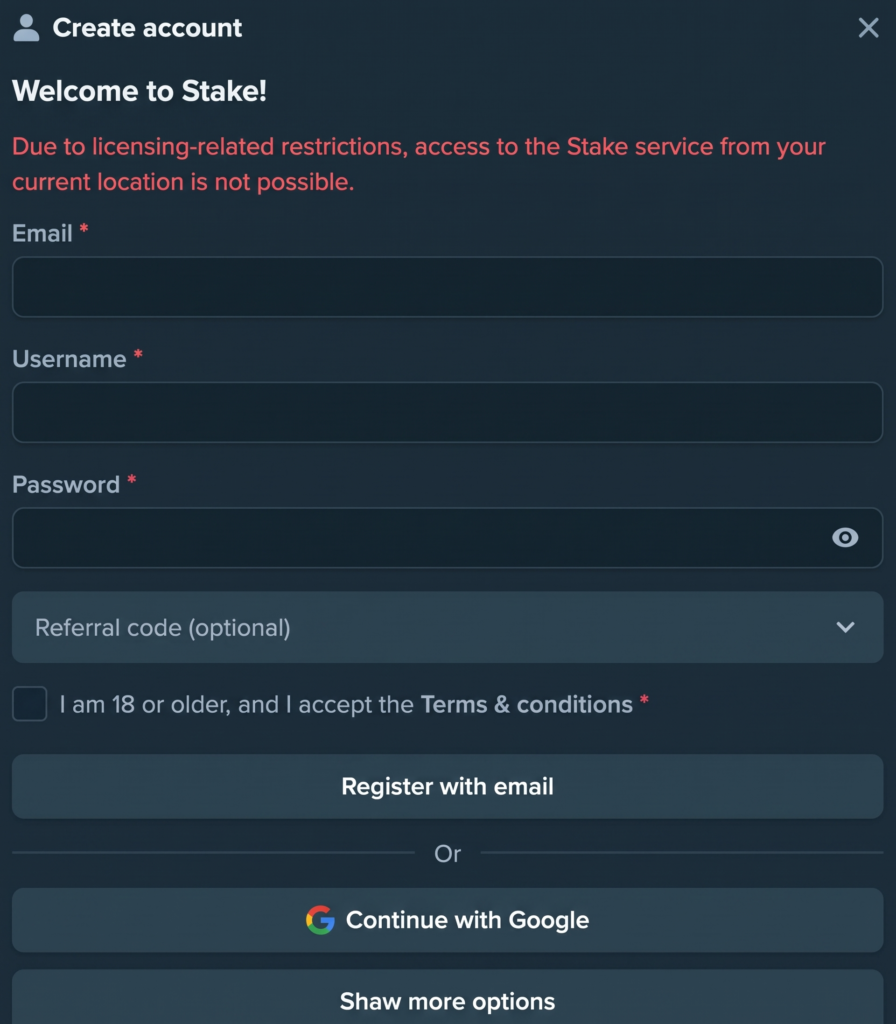 casino stake sign up screenshot